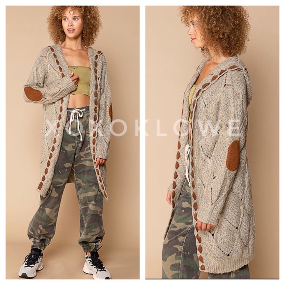 1 L POL Hooded Cardigan Open Front Diamond Weave Faux Suede Detail - Picture 3 of 13